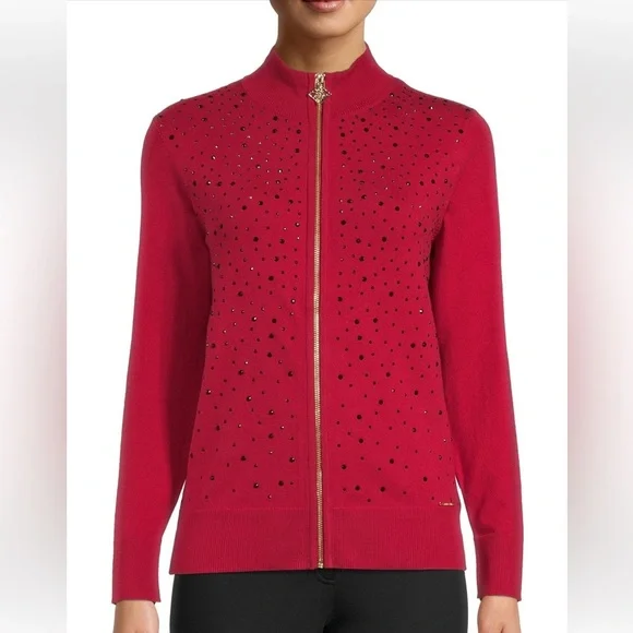 Anne Klein fire red and black rhinestone sweater